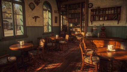 Naklejka premium Vintage classic cafe interior with wooden furniture and warm atmosphere