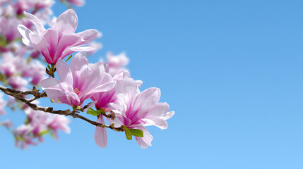 Fototapeta premium Beautiful blooming magnolia flowers against a clear blue sky, showcasing vibrant colors and delicate petals in nature.
