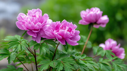 Beautiful pink peonies blooming in a lush garden, showcasing vibrant colors and delicate petals, perfect for floral enthusiasts.
