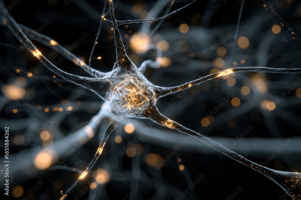 Poster x-default microscopic view of neuron with glowing synapses