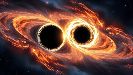 Two supermassive black holes in a cosmic dance, connected by energy streams across vast interstellar distance