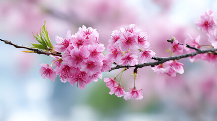 Obraz premium Delicate cherry blossoms blooming in spring, showcasing vibrant pink petals against a soft blurred background.