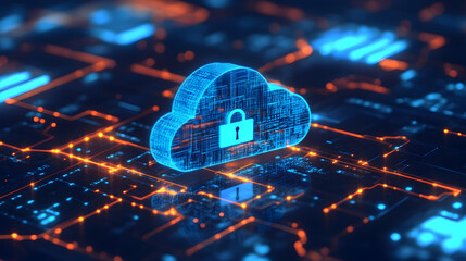 A digital cloud with a padlock on a circuit board representing secure cloud computing technology usage