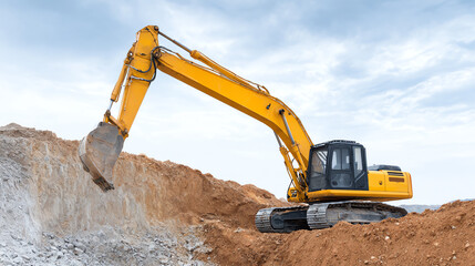 Excavator digging on a construction site, showcasing heavy machinery in action against a cloudy sky.