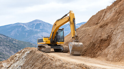 Obraz premium Excavator working on a steep construction site surrounded by mountains, showcasing heavy machinery in action.
