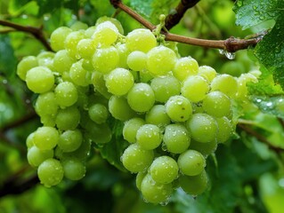 Dew-Kissed Grapes: Plump and Juicy Cluster on Lush Green Vines