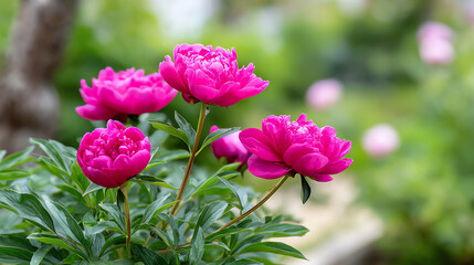 Fototapeta premium Vibrant pink peonies bloom beautifully in a lush garden setting, showcasing their rich colors and delicate petals in the sunlight.
