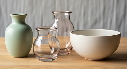 Elegant Still Life Featuring Vases and Bowl on Wooden Surface a Study in Neutral Tones and Glass Transparency