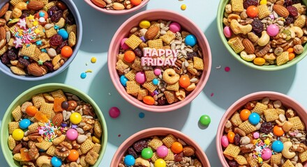 Happy Friday colorful trail mix bowls with confetti sprinkles for a cheerful breakfast or a festive celebration