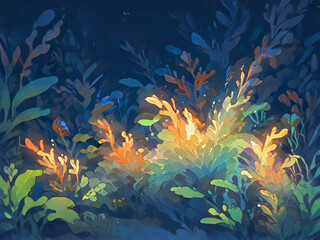 Fototapeta premium A fantastical underwater garden with swaying, glowing seaweed. Seaweed and aquatic plants that emit a soft glow are spread out neatly under the sea like a garden.