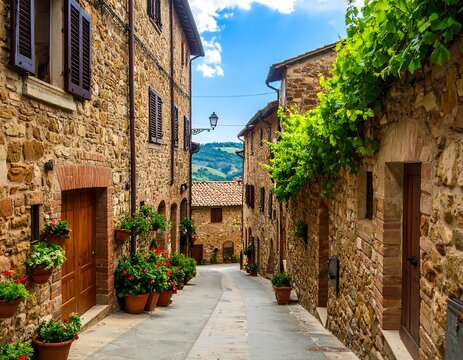 Fototapeta Charming stone street in a quaint village, lined with terracotta pots overflowing with vibrant flowers, leading to rolling hills under a sunny sky