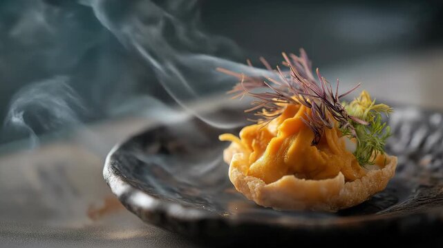A gourmet appetizer featuring golden crispy shell and creamy filling with seafood tart, sea urchin, edible flowers, and herbs, elegantly presented luxury dark ceramic plate with artistic dramatic sm