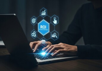 Analyzing ROI and Business Strategy Concepts. Businesswoman working on laptop with icons representing ROI, financial strategies, return on investment, and efficiency. calculate profit, marketing plan,