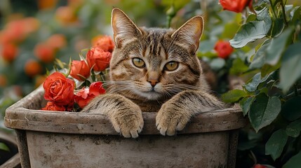 A cat relaxing in a wheelbarrow amidst rose bushes in a garden