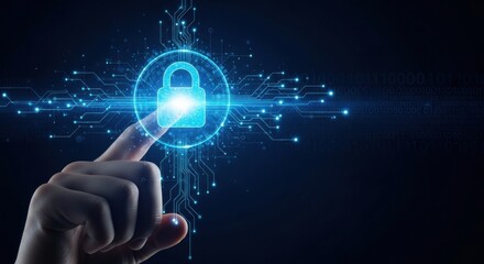 Cybersecurity, digital lock, data protection, hand pointing at glowing padlock icon, futuristic technology, abstract background, blue tones, security concept, innovative technology, network security