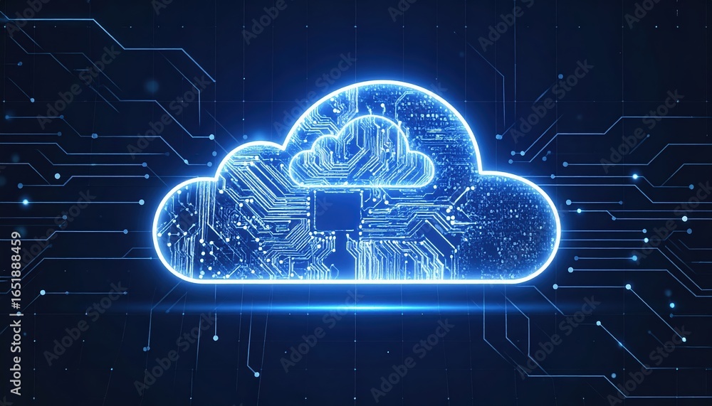 Poster holographic cloud symbol, illuminated by digital circuits, floats ethereally representing modern dat