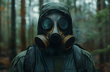 Mysterious Person in Gas Mask and Hooded Jacket Standing in a Dark, Eerie Forest