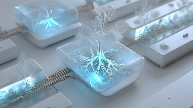 Minimalist digital user interface with bioluminescent plant-inspired circuits on a soft white background - Powered by Adobe