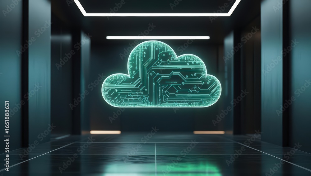 Aufkleber a modern holographic cloud symbol, illuminated by digital circuit patterns, floats ethereally in a s