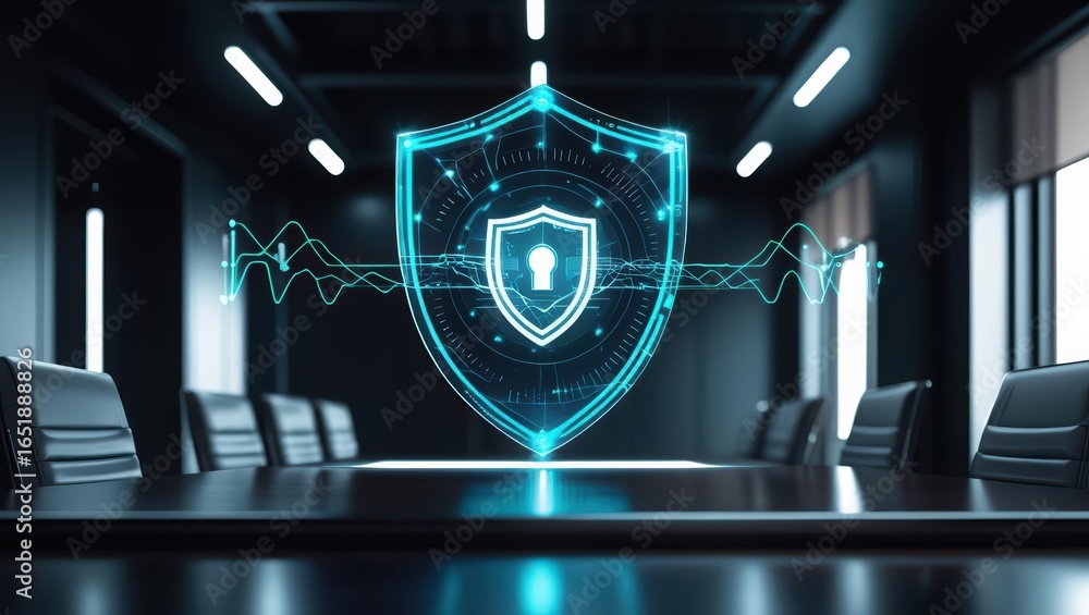 Poster digital shield hologram floats above a luminous network, visualizing data protection in a modern off