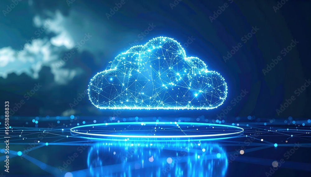 Poster a glowing premium cloud hologram floats with luminous reflections, enhancing the digital data above 
