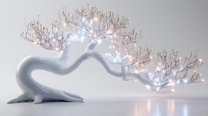 Minimalistic bonsai tree crafted from glass with glowing AI circuit branches on a clean white background, showcasing futuristic botanical elegance and high-tech design
