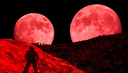 Crimson Moonscape Double Red Moon Over Silhouetted Figure