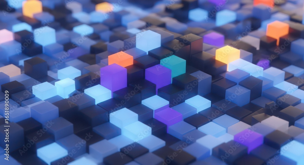 Wall mural abstract cubescape: a vibrant array of illuminated geometric forms in a modern design