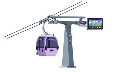 A modern purple cable car gondola suspended from a steel cable system, supported by a grey pylon with a digital screen displaying a scenic mountain landscape.