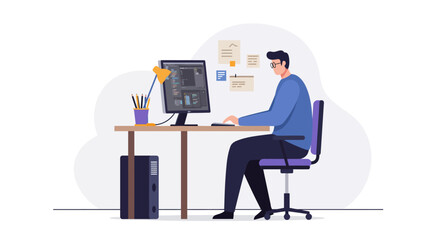 An illustrated man working diligently on a desktop computer at his modern office desk with various supplies.