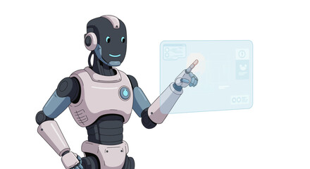 Fototapeta premium A modern humanoid robot with a sleek design pointing its finger at a glowing, transparent futuristic interface.