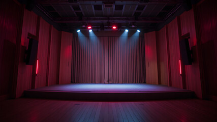 A modern, empty stage in a small club or theater with a closed curtain, illuminated by dramatic red and blue lights.