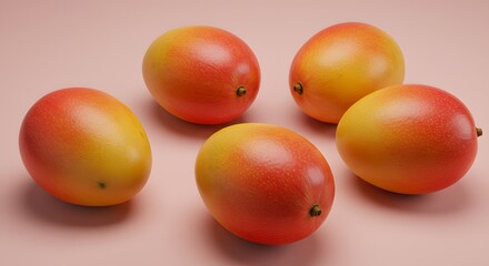 Ripe Mangoes with Vibrant Colors on a Soft Pink Background, A Tropical Fruit Feast