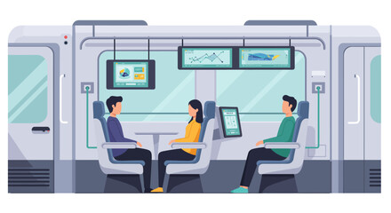 An illustration of passengers seated in a modern, technologically advanced train interior with data screens and personal tablets.