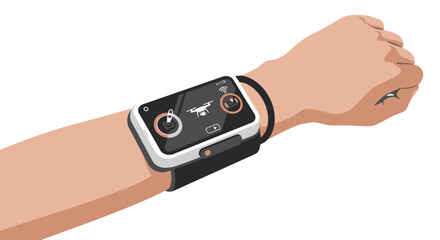 A human arm wears a sleek, modern wrist-mounted controller for operating unmanned aerial vehicles.