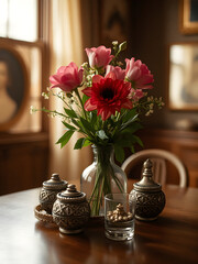An elegant still life of a bouquet of pink flowers in a glass vase, on a wooden table in a classic, traditional room