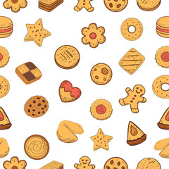 Cookies and biscuits doodle set. Chocolate Chip Cookies doodle seamless pattern. Collection of hand-drawn pastries. Cute cookie seamless pattern background. biscuits pattern background.