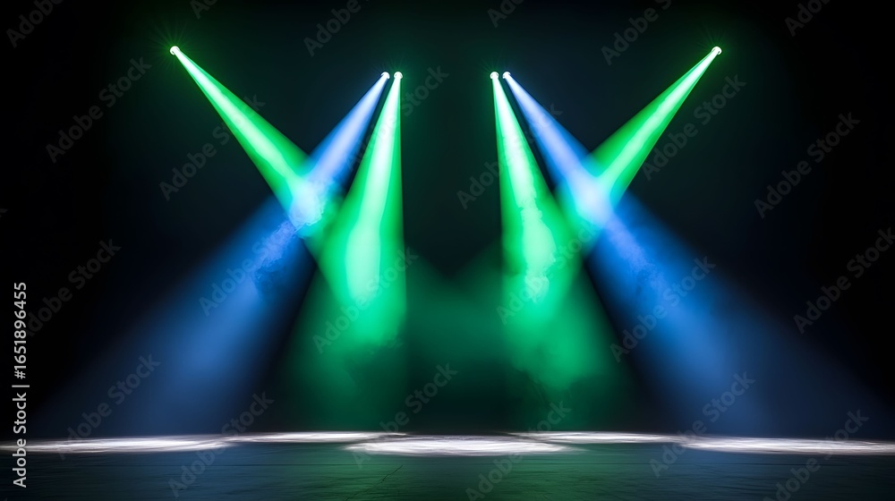 Poster the image showcases a stage bathed in dramatic lighting, with four spotlights projecting blue and gr