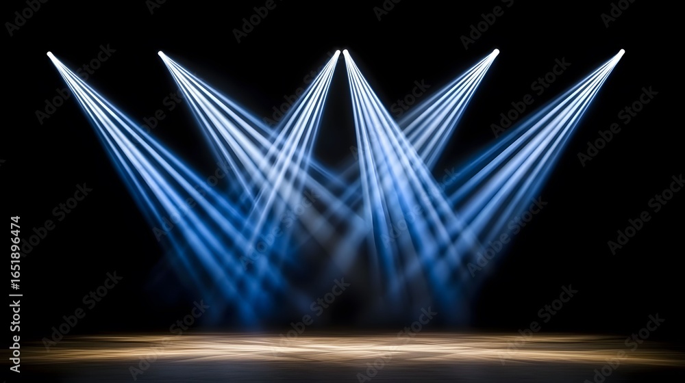 Poster this image displays a stage with multiple bright, white spotlights shining down from above into a da