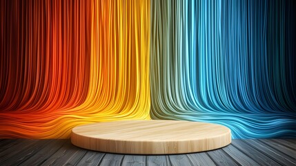 The image presents a wooden platform against an abstract background of cascading colorful textures, divided into warm and cool tones, creating a versatile stage.