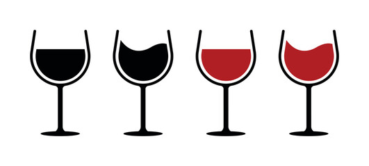 Wine glass vector icons set with red and black fill variations, half full and empty drink silhouette collection for bar, restaurant, party, alcohol beverage, and celebration design