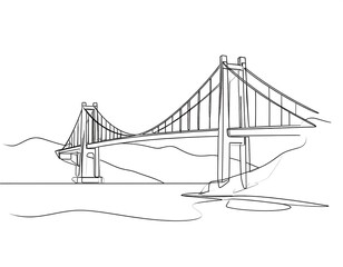 Continuous line drawing of a bridge over water with hills