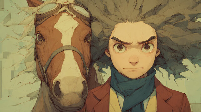 Boy Horse Adventure Portrait Animation Character Young Wild Courage Expression Saddle Scenery Brown Equestrian Friendship Fantasy Motion nce