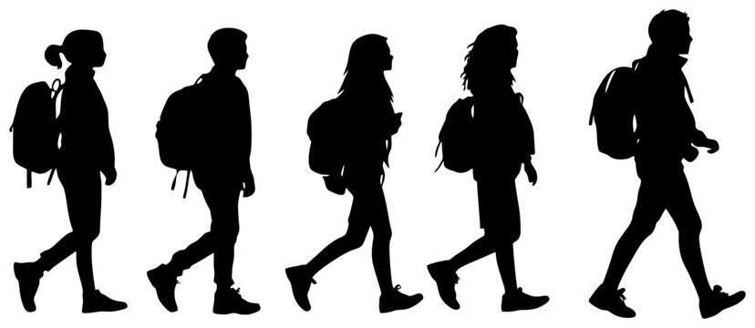 Silhouette of Group of Students Walking in Hallway with Backpacks