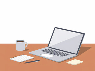 Fototapeta premium Flat illustration of modern office desk setup with laptop coffee mug notepad and pen in minimal professional workplace style