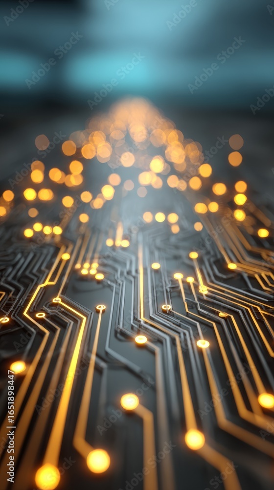 Poster macro photography showcasing the intricate details of a glowing electronic circuit board highlightin