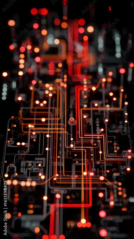 Poster a detailed close up macro view of a complex printed circuit board showing intricate pathways electro
