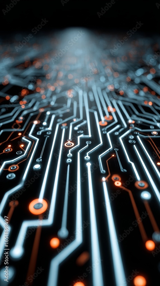 Poster intricate macro view of a computer motherboard s glowing circuit board with vibrant orange lights il