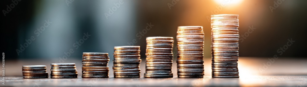 Poster detailed macro view of multiple stacks of gleaming metallic coins arranged in ascending columns symb