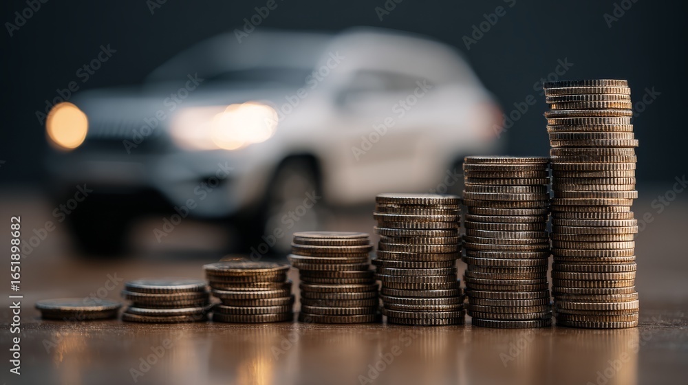 Poster a gleaming pile of shiny metallic currency coins stacked neatly next to a modern vehicle symbolizing